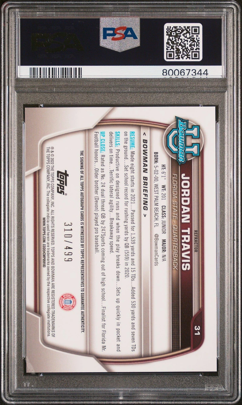 2022 Bowman University Chrome Prospects 31 Jordan Travis Autograph-refractor PSA 10