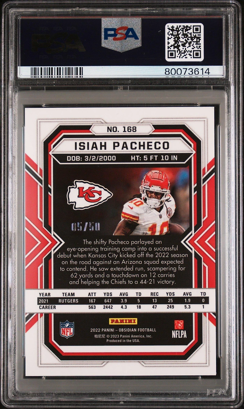 2022 Panini Obsidian 168 Isiah Pacheco Electric Etch Green PSA 9