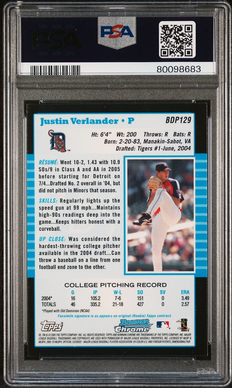 2005 Bowman Chrome Draft Picks 129 Justin Verlander PSA 9