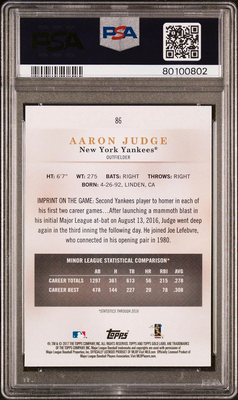 2017 Topps Gold Label 86 Aaron Judge Class 1 PSA 10