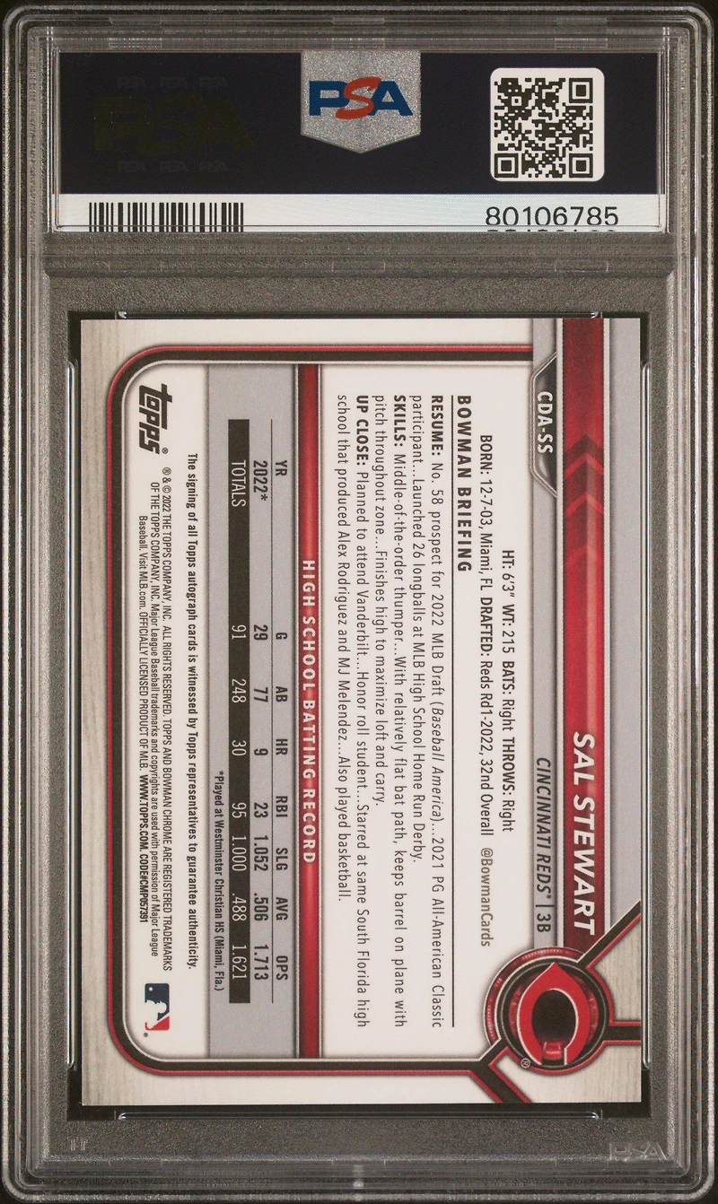 2022 Bowman Draft Chrome Draft Pick Autographs Cdass Sal Stewart PSA 9