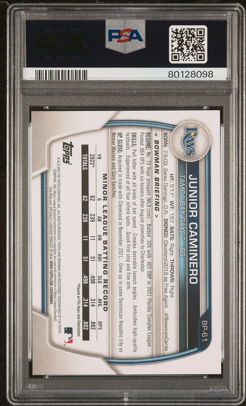 2023 Bowman Paper Prospects Bp61 Junior Caminero PSA 10