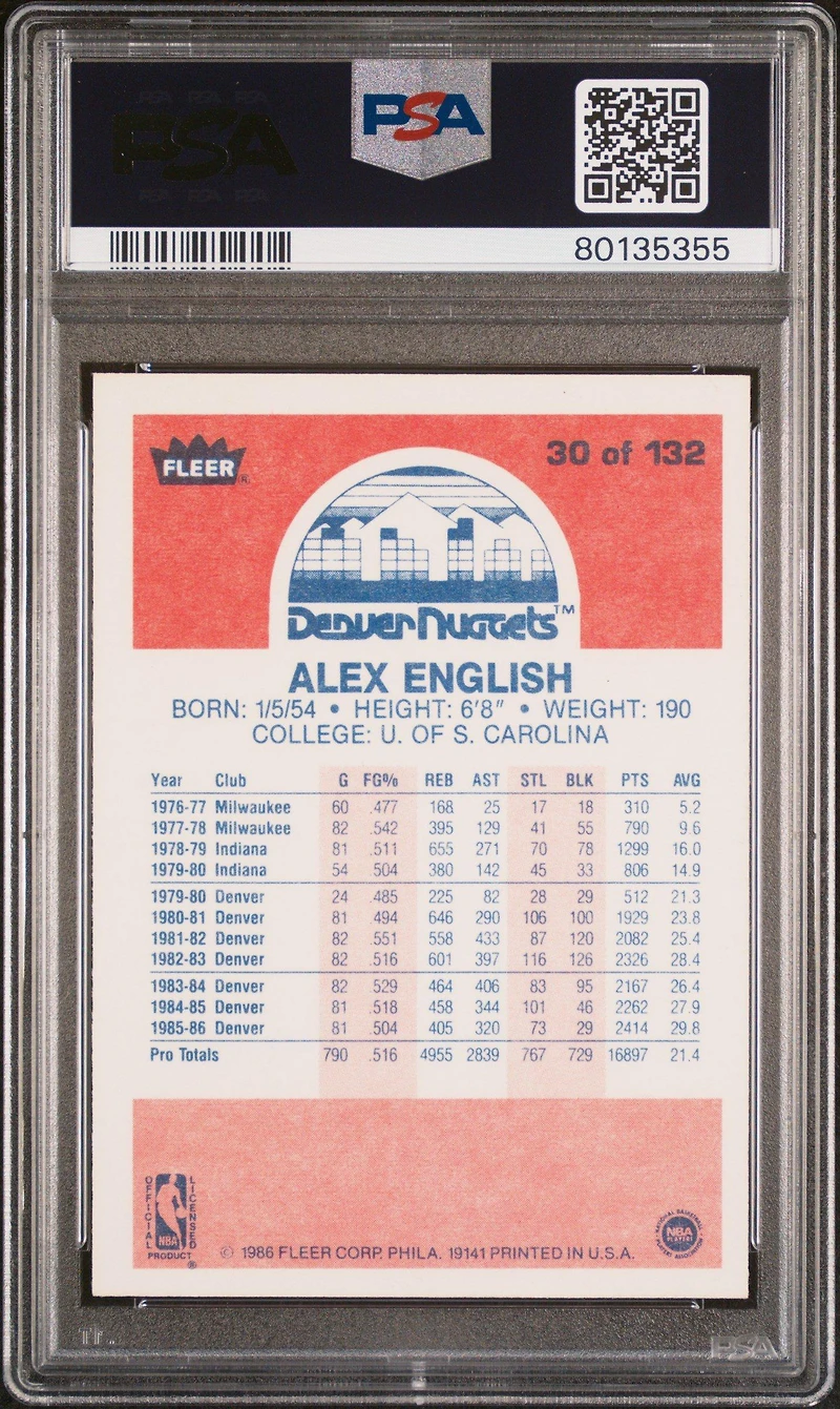1986 Fleer 30 Alex English PSA