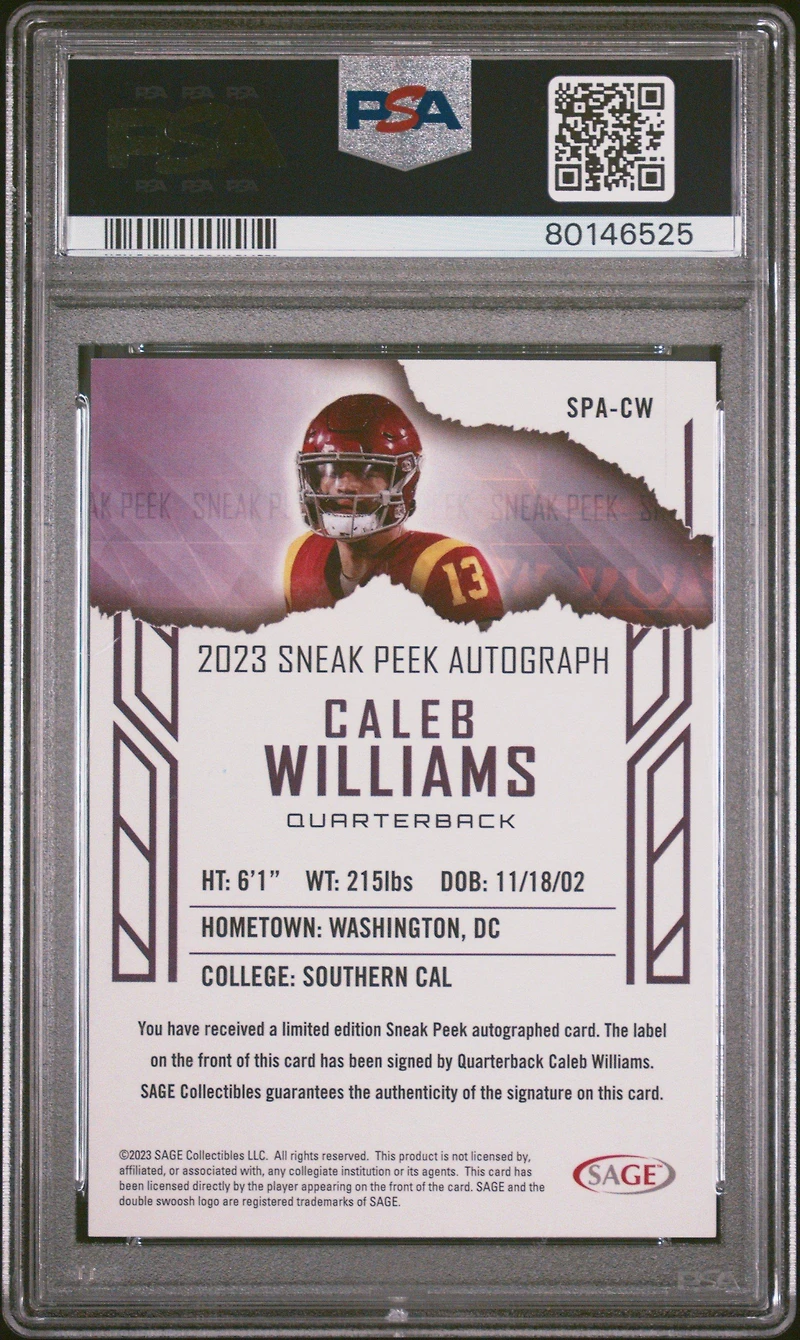 2023 Sage High Series Sneak Peek Autographs Spacw Caleb Williams Gold PSA 10