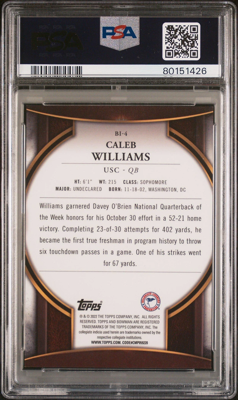 2022 Bowman University Bowman Invicta Bi4 Caleb Williams PSA 10