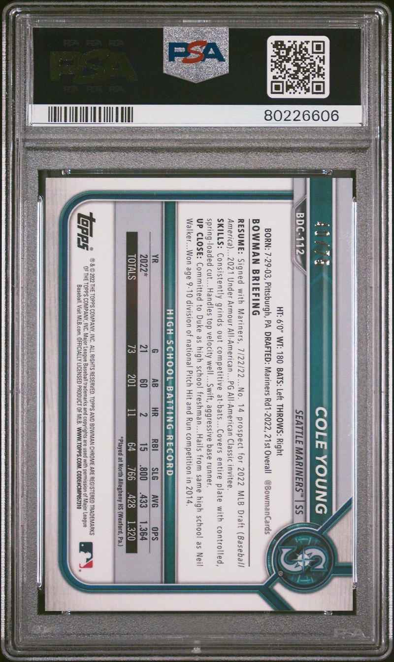 2022 Bowman Draft Bdc112 Cole Young Chrome-yellow Lava Refractor PSA 10