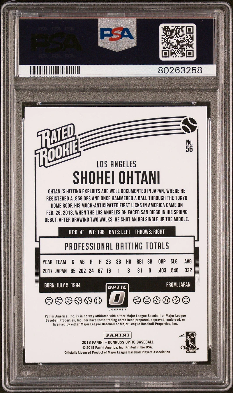 2018 Panini Donruss Optic 56 Shohei Ohtani Variation PSA 10