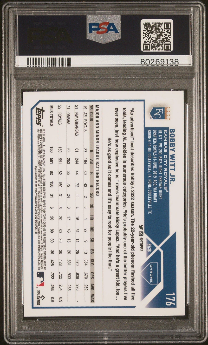 2023 Topps Chrome 176 Bobby Witt Jr. Green Sonar Refractor PSA 10