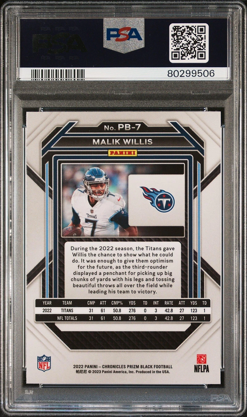 2022 Panini Chronicles Prizm Black Pb7 Malik Willis PSA 9
