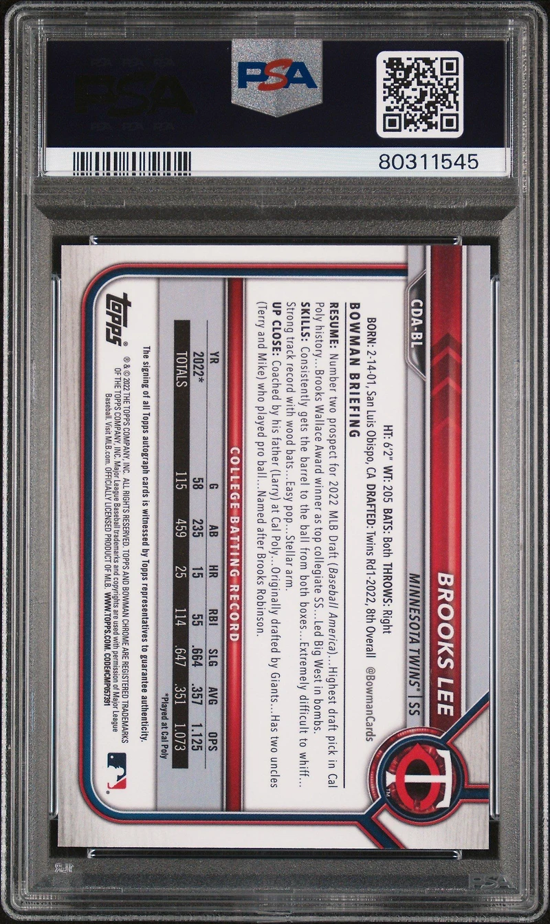 2022 Bowman Draft Chrome Draft Pick Autographs Cdabl Brooks Lee PSA 10