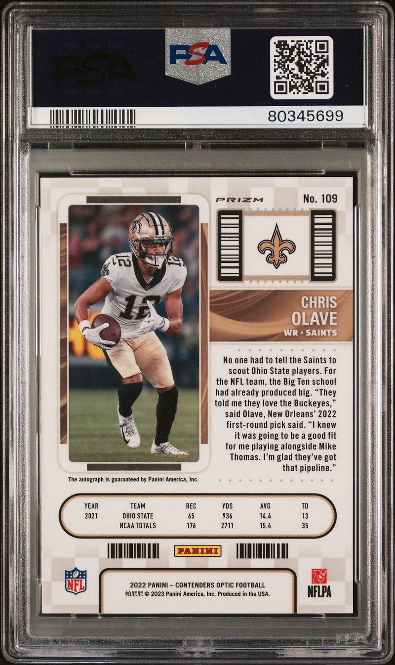 2022 Panini Contenders Optic 109 Chris Olave Autograph-silver PSA 10