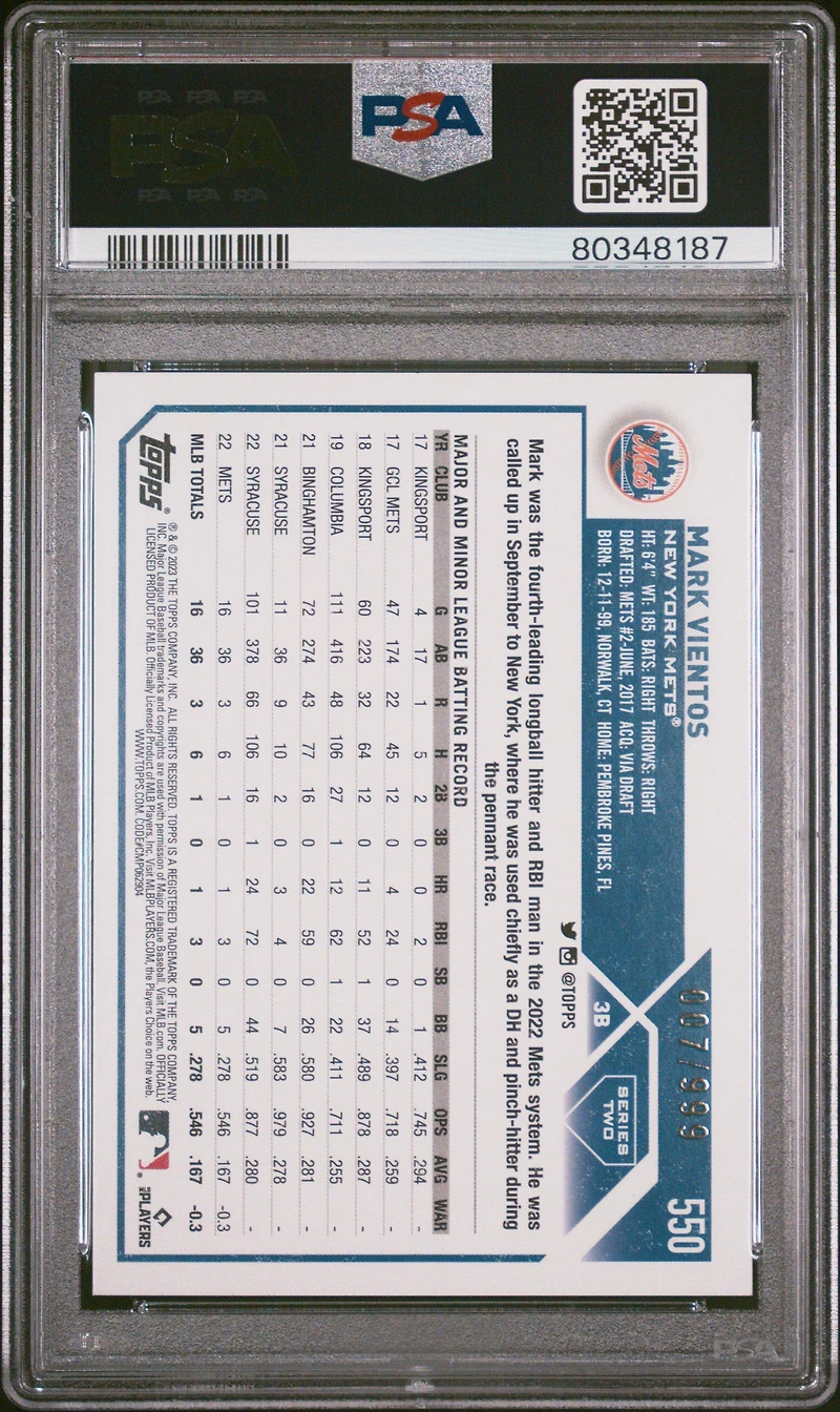 2023 Topps 550 Mark Vientos Blue Foil PSA 9
