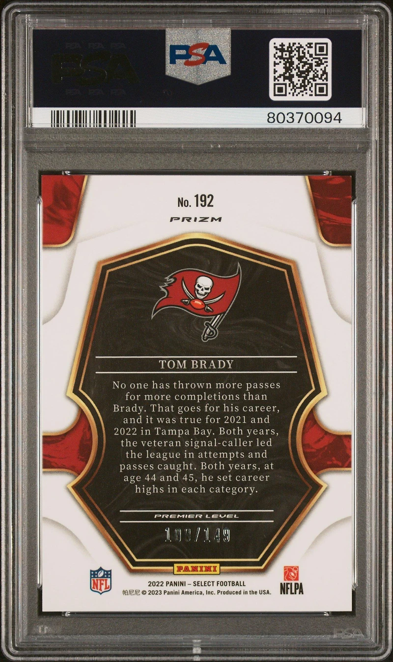 2022 Panini Select 192 Tom Brady Blue Prizm PSA 10