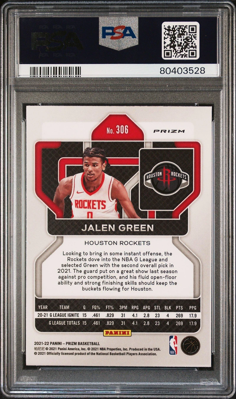 2021 Panini Prizm 306 Jalen Green Red/white/blue Prizm PSA 10