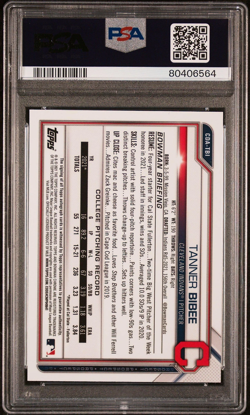 2021 Bowman Draft Chrome Draft Pick Autographs Cdatbi Tanner Bibee PSA 10