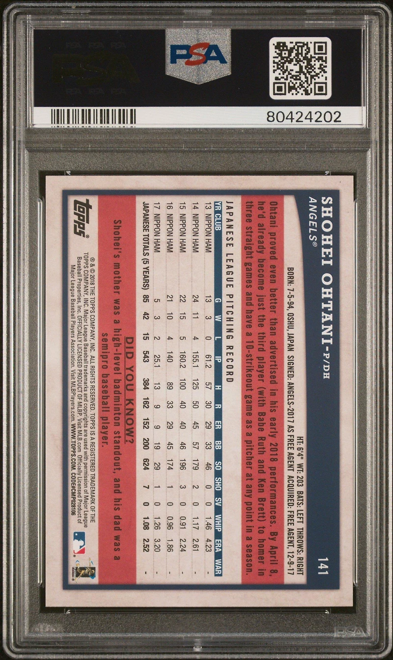 2018 Topps Big League 141 Shohei Ohtani PSA 10