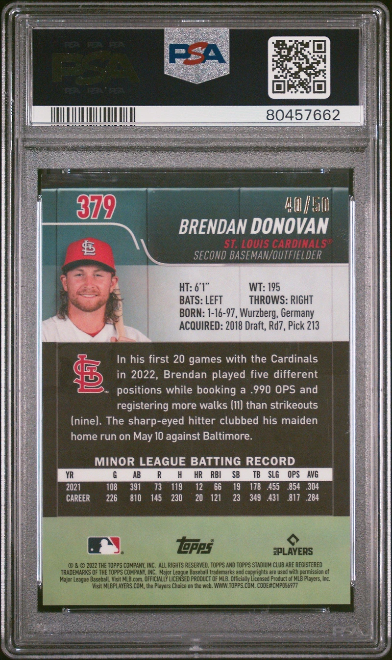 2022 Topps Stadium Club Chrome 379 Brendan Donovan Gold Refractor PSA 10