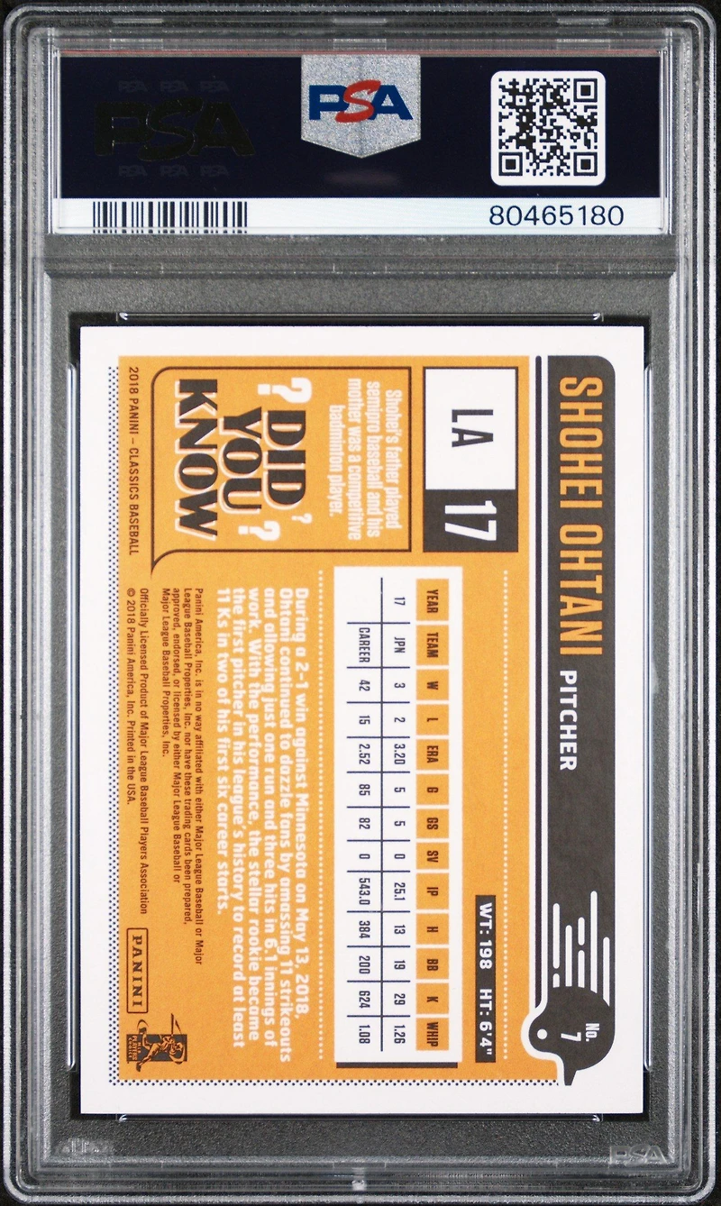 2018 Panini Chronicles Classics 7 Shohei Ohtani PSA 10