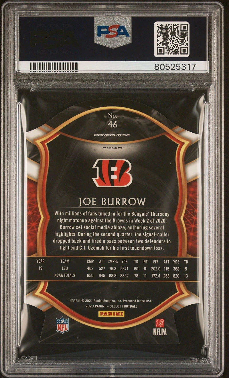 2020 Panini Select 46 Joe Burrow Die-cut Light Blue Prizm PSA