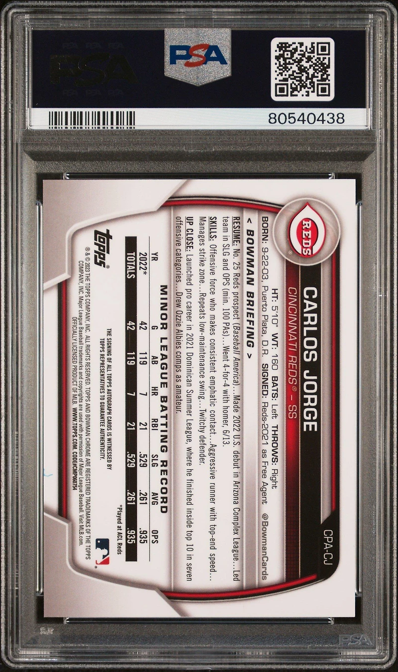 2023 Bowman Chrome Prospect Autographs Cpacj Carlos Jorge Purple PSA 10