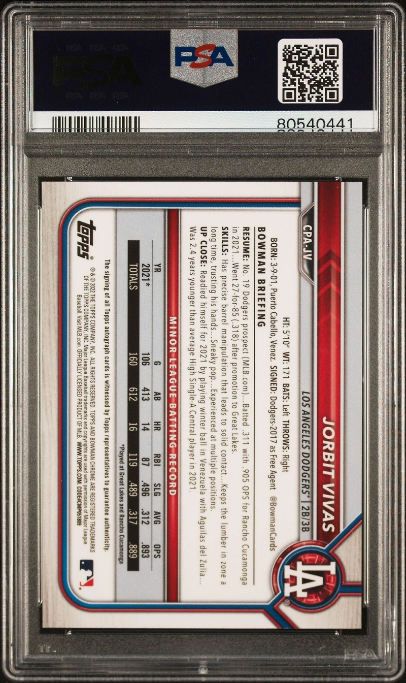 2022 Bowman Chrome Prospect Autographs Cpajv Jorbit Vivas Gold Refractor PSA 9