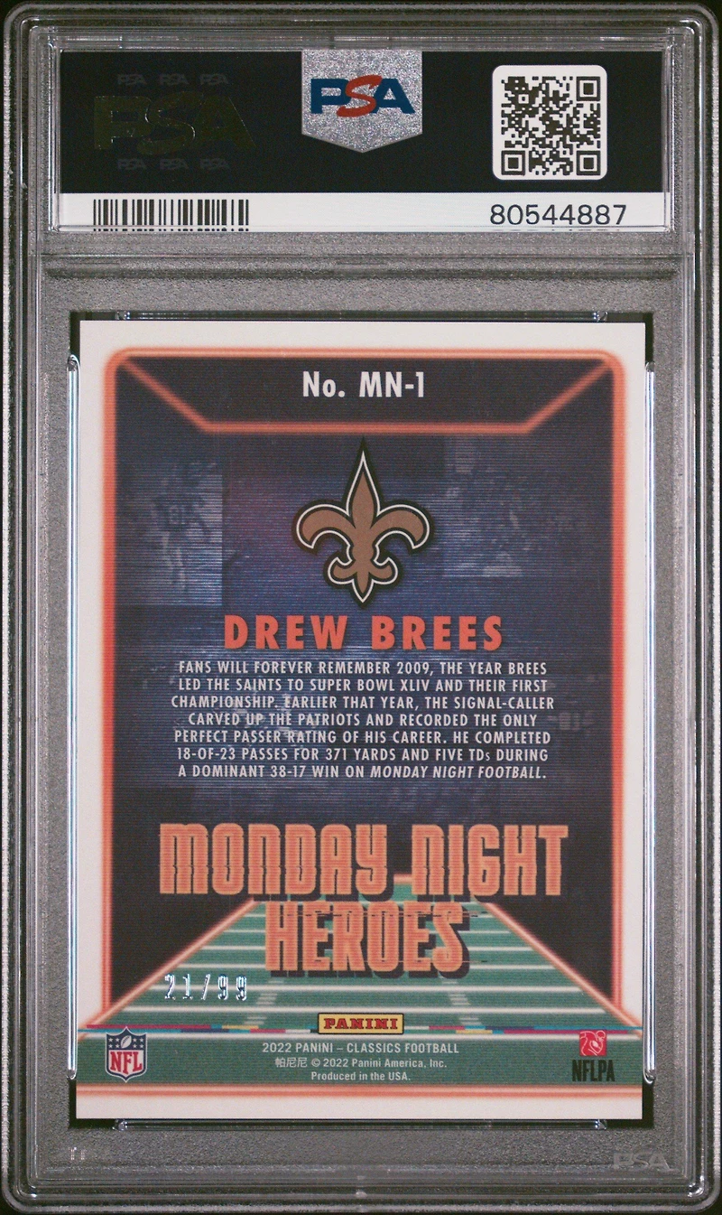 2022 Panini Classics Monday Night Heroes Mn1 Drew Brees Gold PSA 10