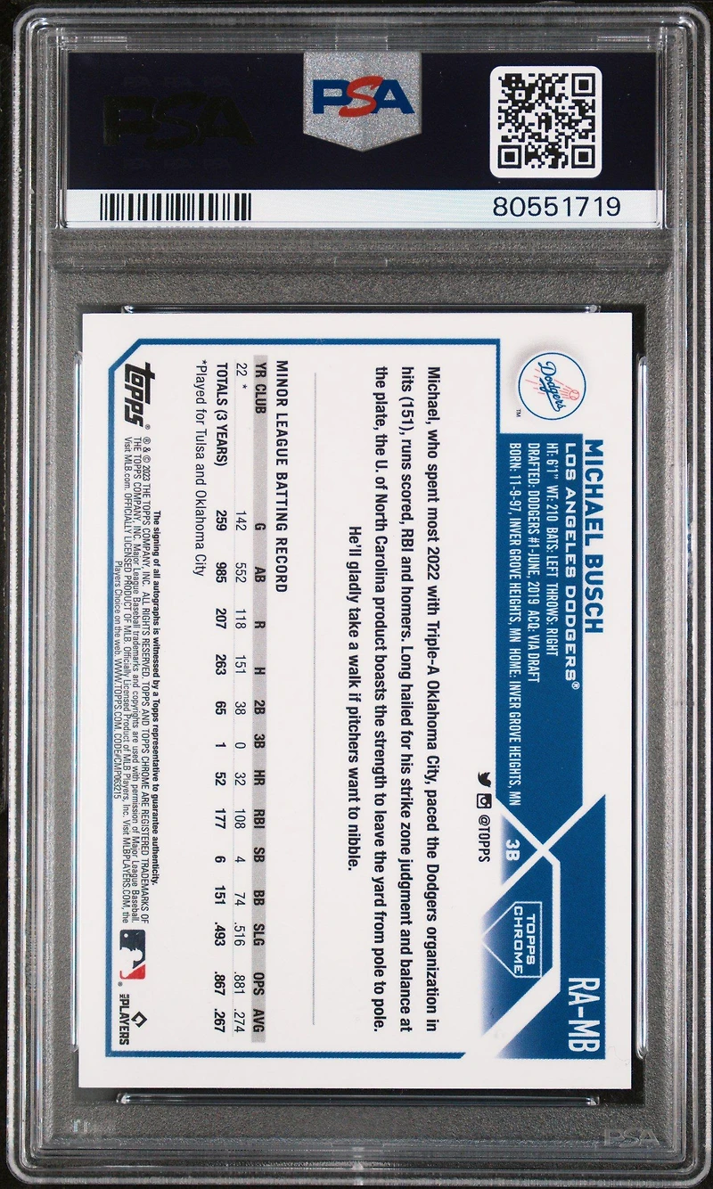 2023 Topps Chrome Rookie Autograph Ramb Michael Busch Purple Speckle Refractor PSA 10