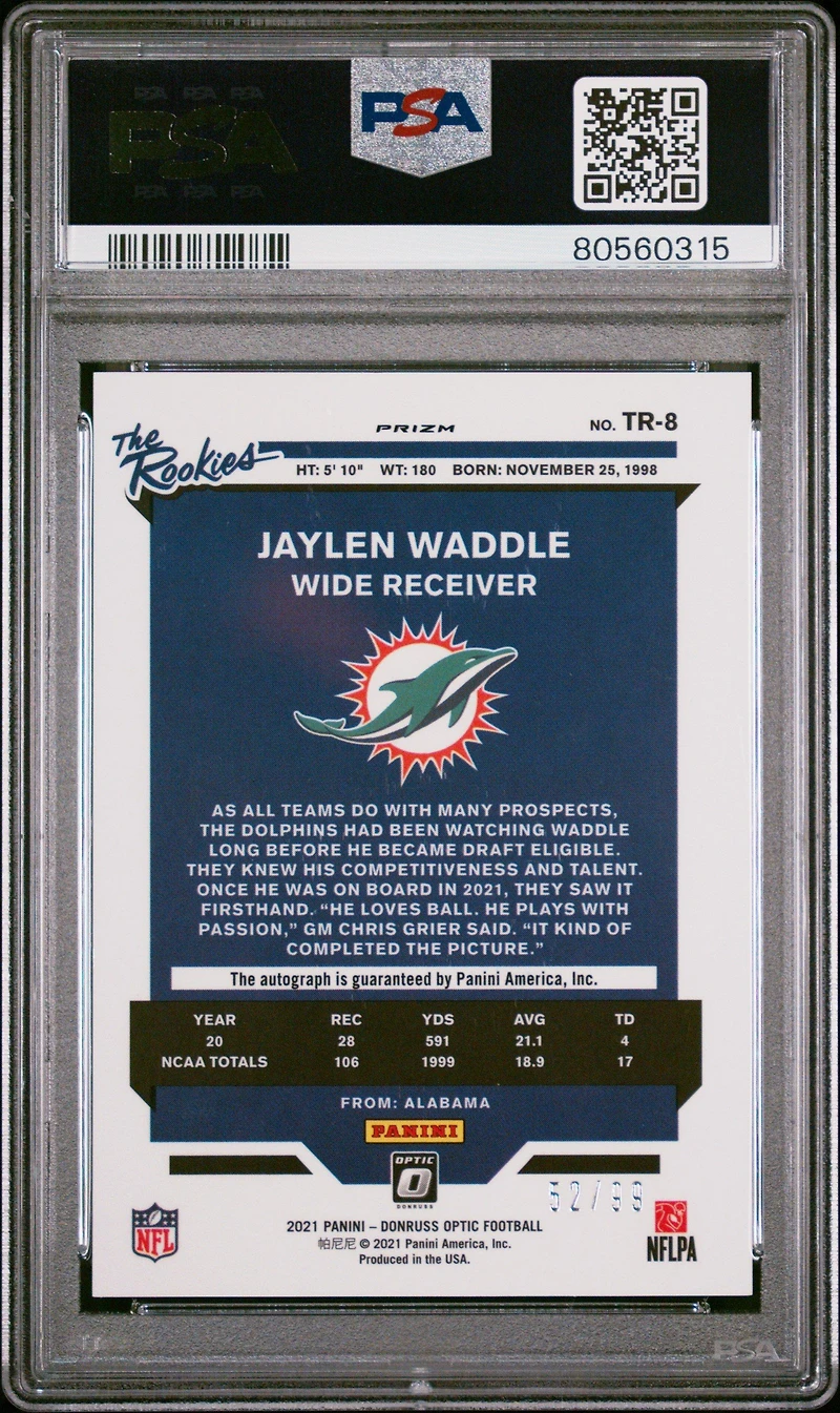 2021 Panini Donruss Optic The Rookies Autographs Tr8 Jaylen Waddle PSA 9