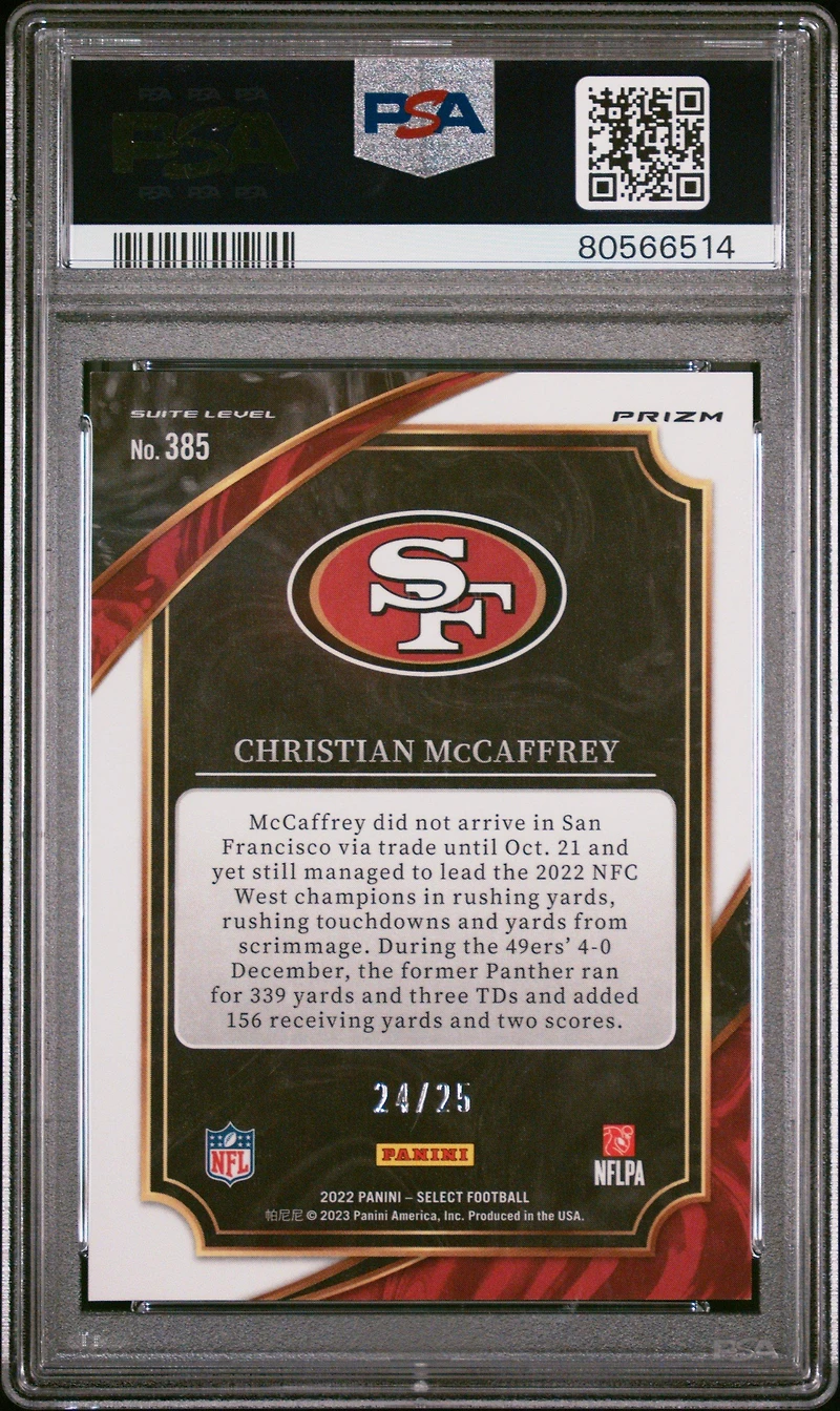 2022 Panini Select 385 Christian Mccaffrey Blue Disco Prizm PSA 10