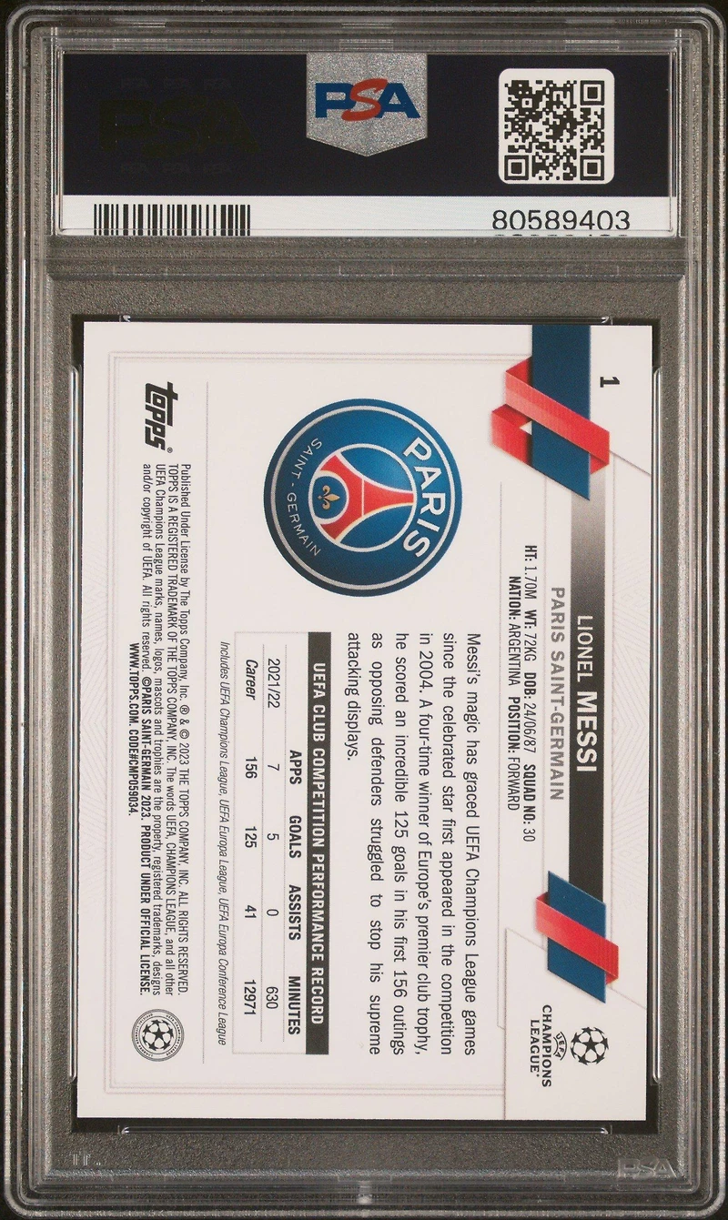 2022 Topps Uefa Club Competitions 1 Lionel Messi PSA 10