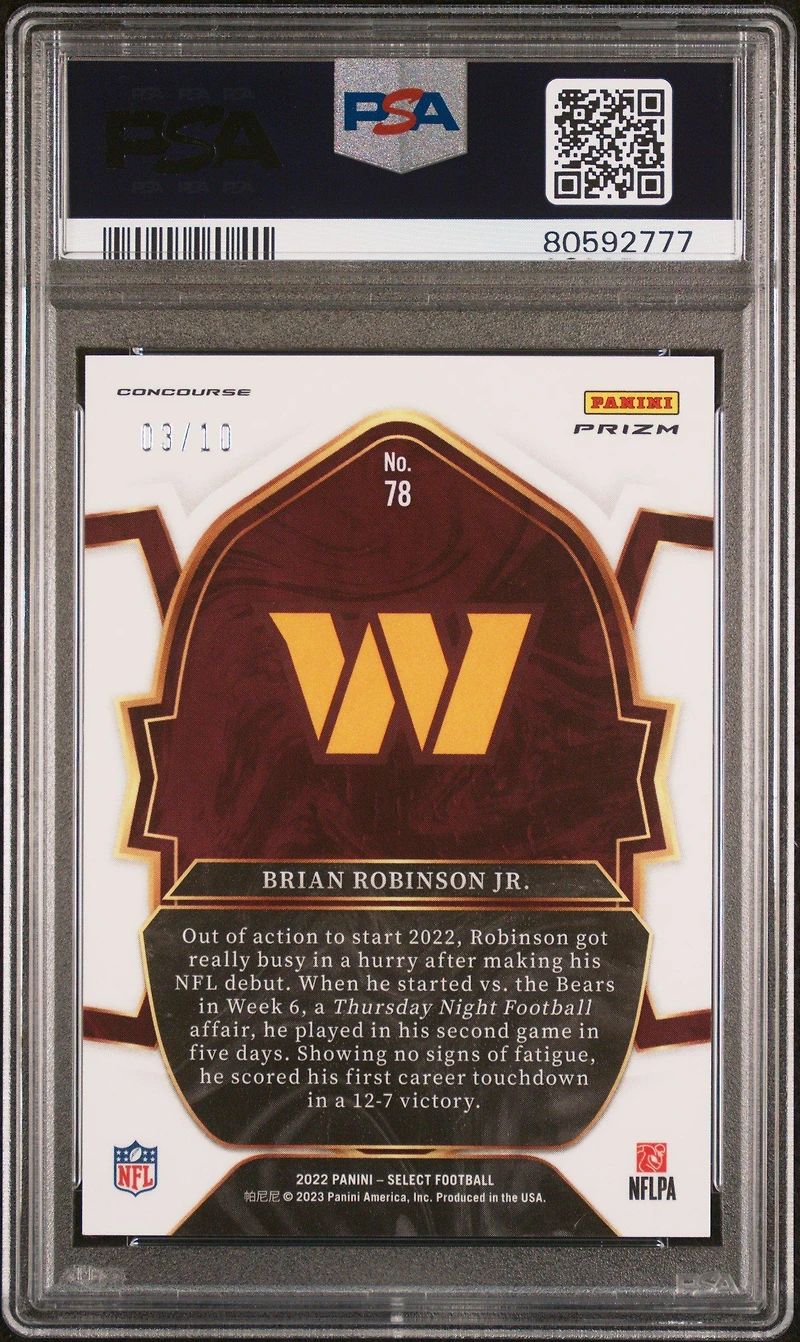 2022 Panini Select 78 Brian Robinson Jr. Gold Prizm PSA 10