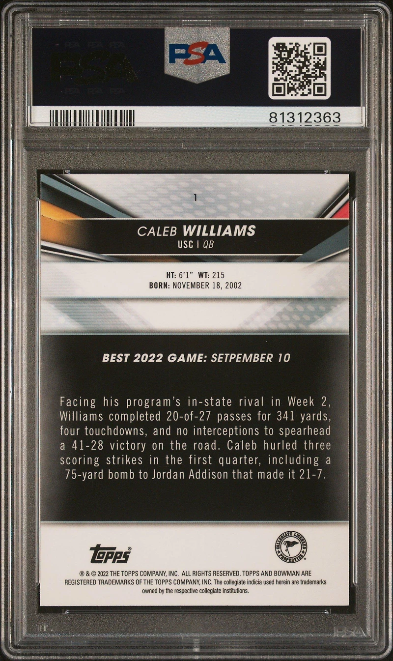 2022 Bowman's Best University 1 Caleb Williams Speckle Refractor PSA 10