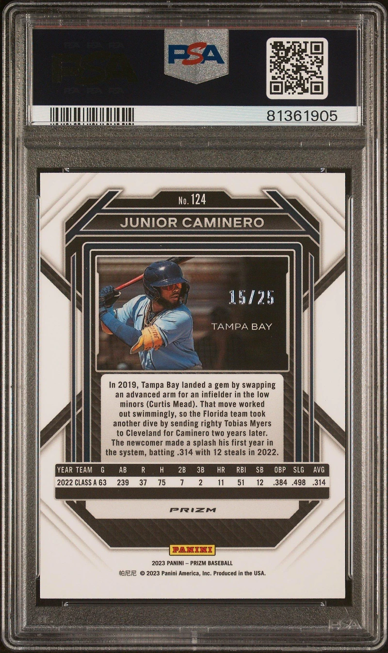 2023 Panini Prizm 124 Junior Caminero Mojo Prizm PSA 9
