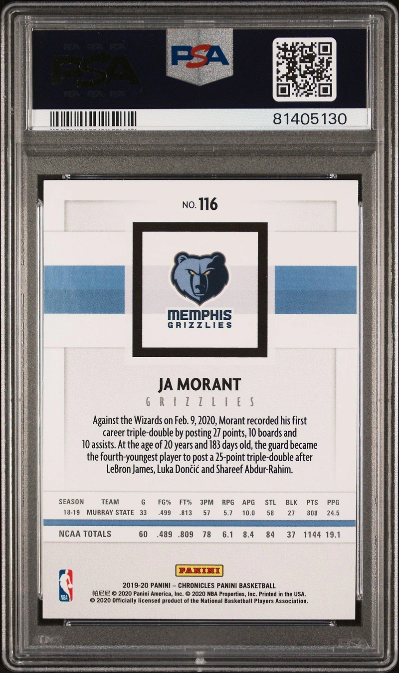 2019 Panini Chronicles 116 Ja Morant Teal PSA 8