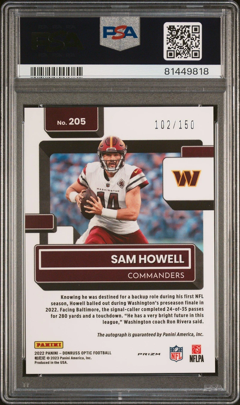 2022 Panini Donruss Optic 205 Sam Howell Autograph PSA 10