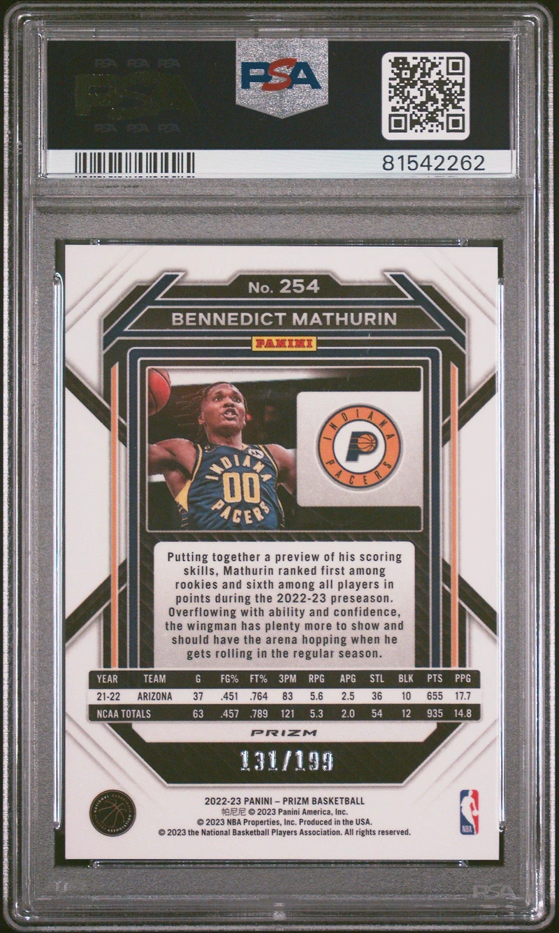 2022 Panini Prizm 254 Bennedict Mathurin Prizm PSA
