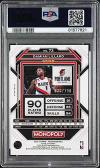 2022 Panini Prizm Monopoly 73 Damian Lillard Red Money Shimmer PSA 10