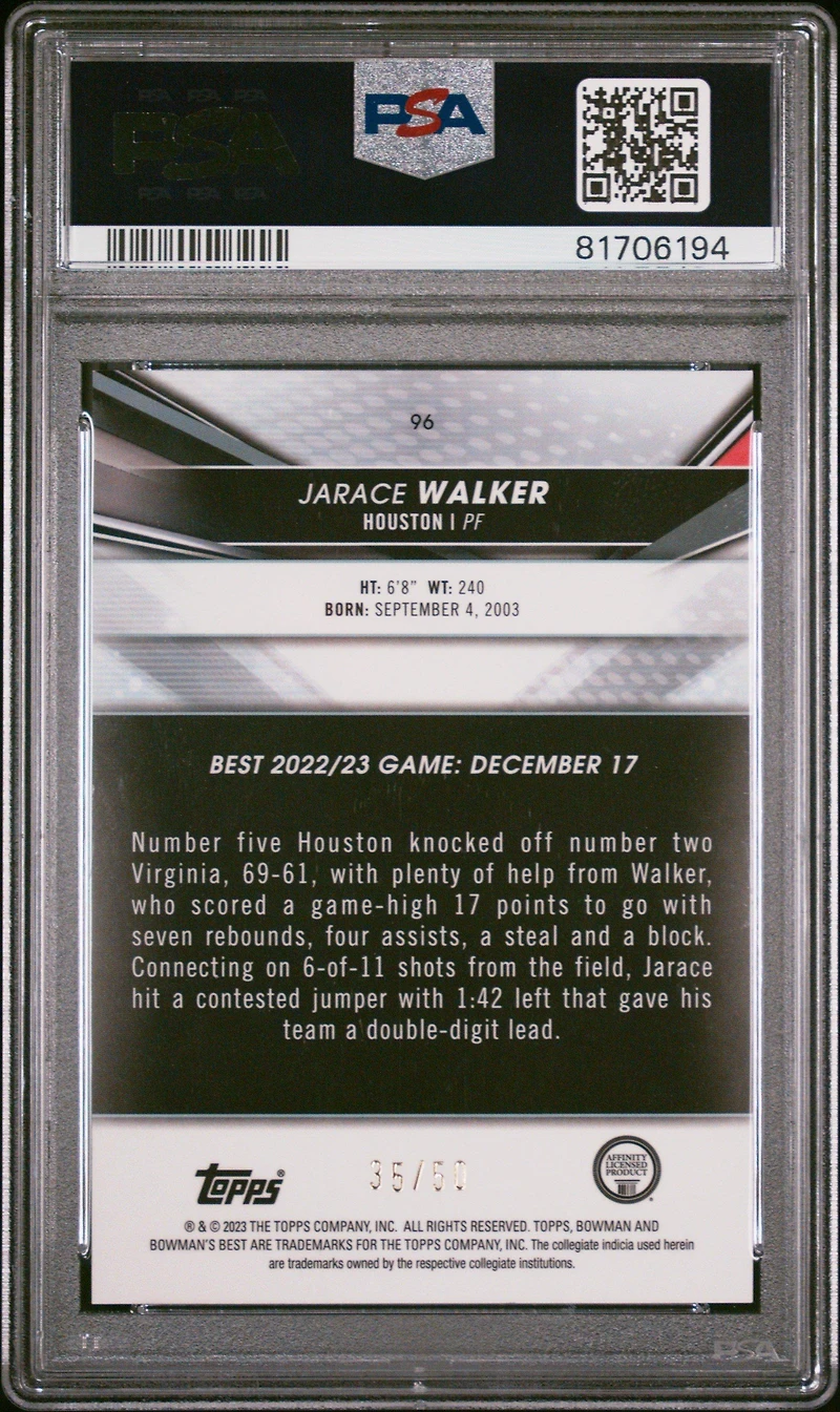 2022 Bowman University Best 96 Jarace Walker Gold Refractor PSA 10