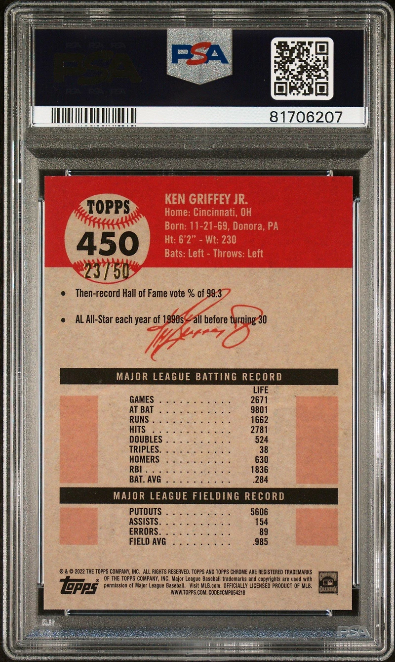 2022 Topps Chrome Platinum Anniversary 450 Ken Griffey Jr. Platinum Toile Cream/gold Refractor PSA 10