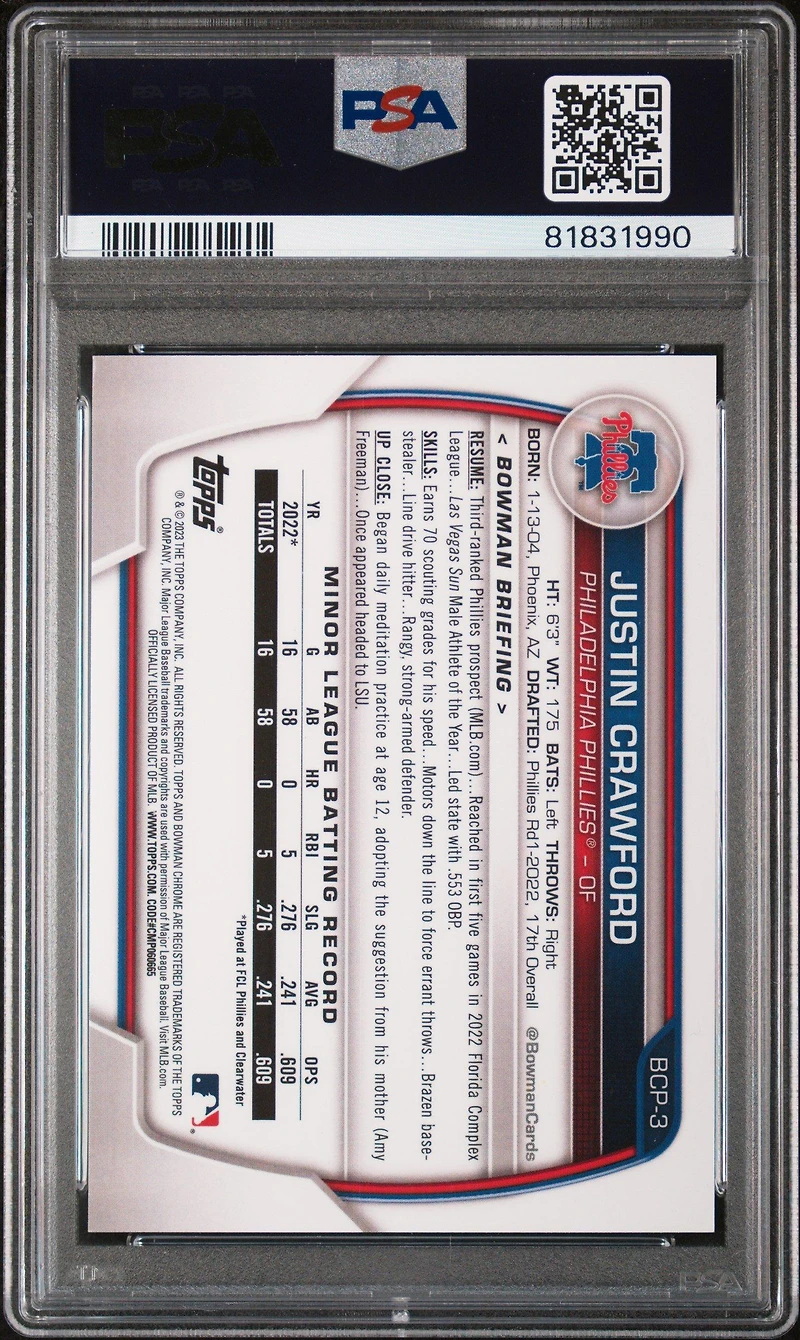 2023 Bowman Chrome Prospects Bcp3 Justin Crawford Blue Shimmer PSA 9