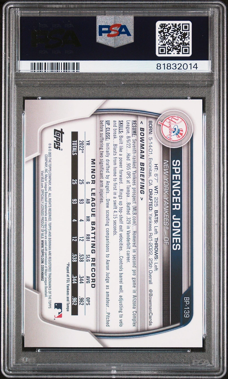 2023 Bowman Paper Prospects Bp139 Spencer Jones Blue PSA 9