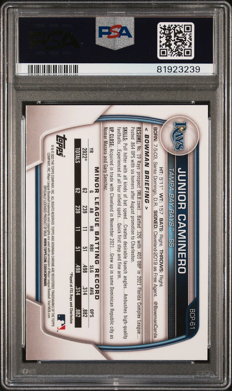 2023 Bowman Chrome Prospects Bcp61 Junior Caminero PSA 10