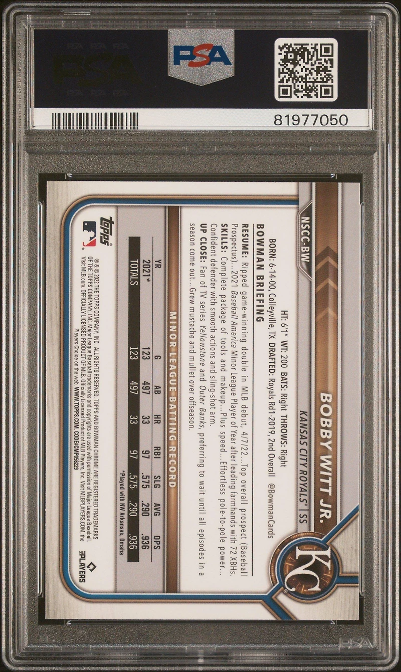 2022 Bowman Chrome Nscc Wrapper Redemption Bw Bobby Witt Jr. PSA 9