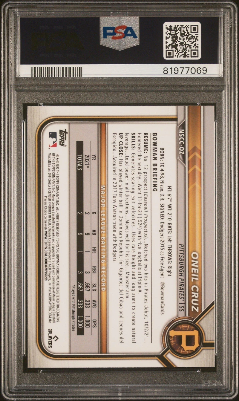 2022 Bowman Chrome Nscc Wrapper Redemption Oz Oneil Cruz PSA 10