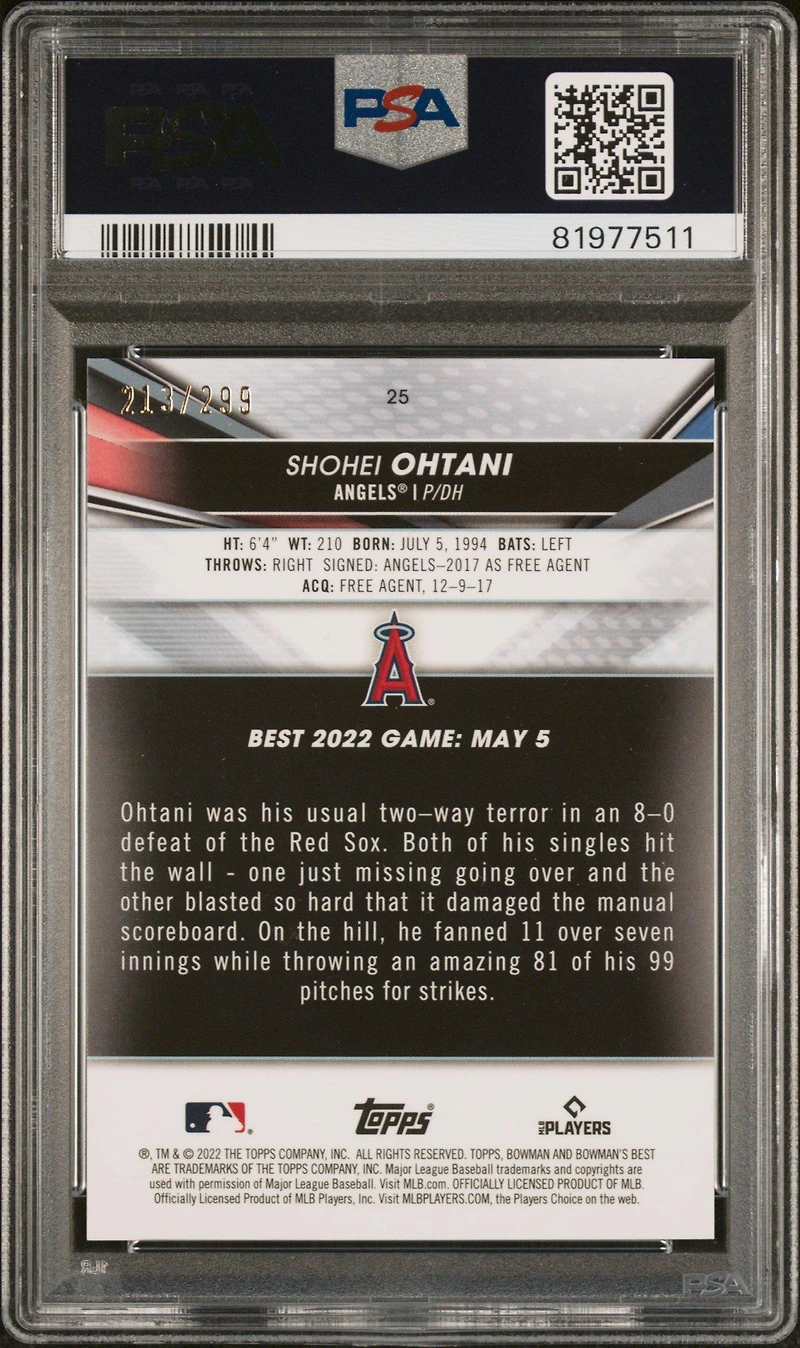 2022 Bowman's Best 25 Shohei Ohtani Mini Diamond Refractor PSA 10