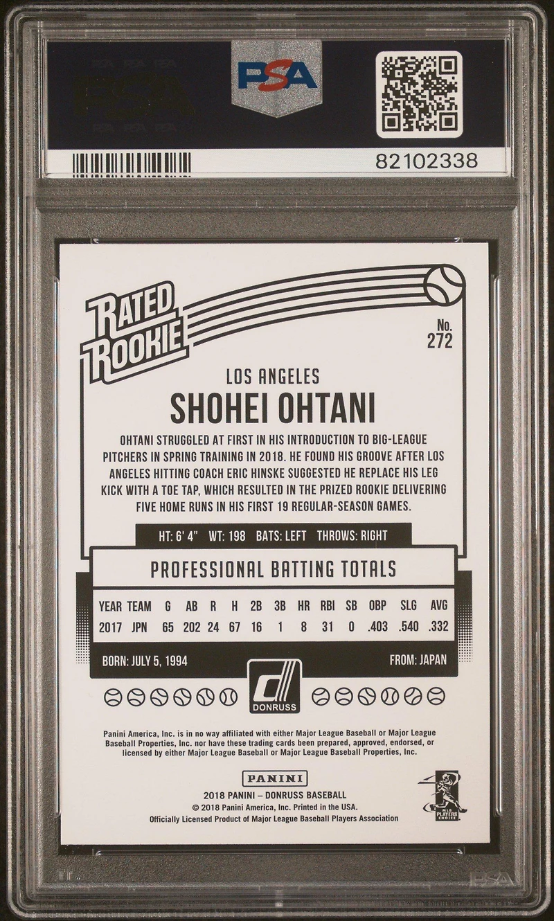2018 Panini Chronicles Donruss Rated Rookies 272 Shohei Ohtani PSA 10