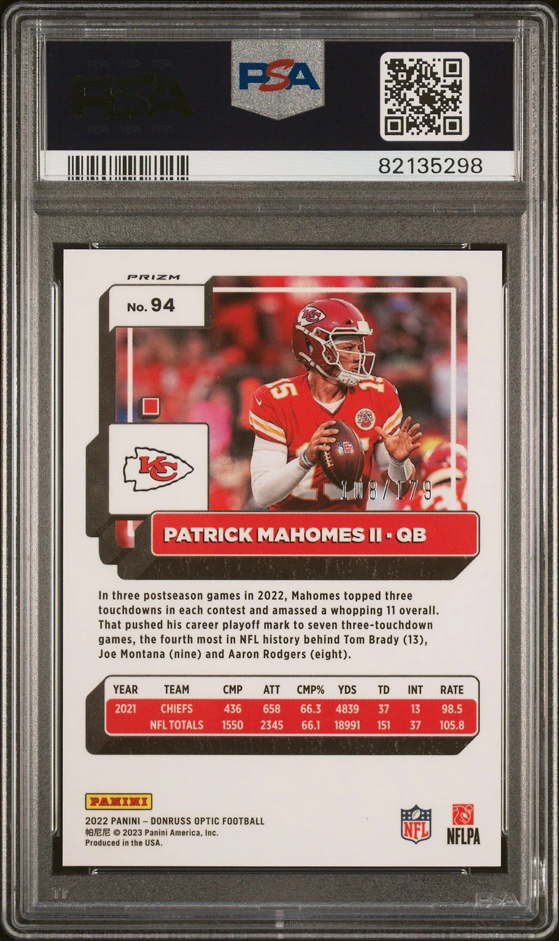 2022 Panini Donruss Optic 94 Patrick Mahomes Ii Blue PSA 10