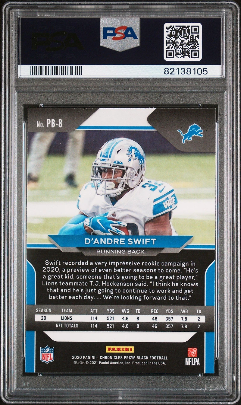2020 Panini Chronicles Prizm Black Pb8 D'andre Swift PSA 10