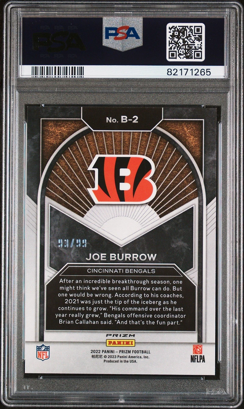 2022 Panini Prizm Brilliance B2 Joe Burrow Blue Ice PSA 9