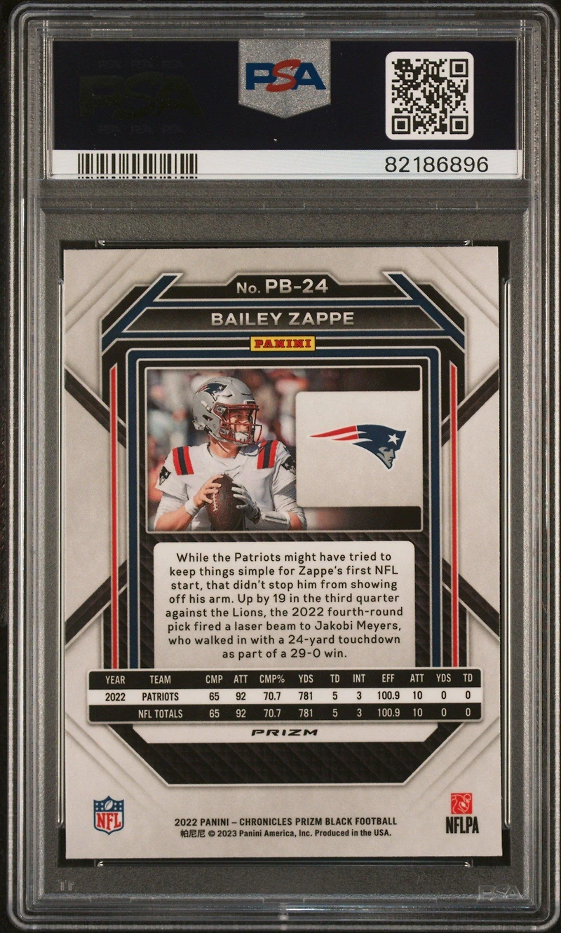 2022 Panini Chronicles Prizm Black Pb24 Bailey Zappe Silver PSA 10